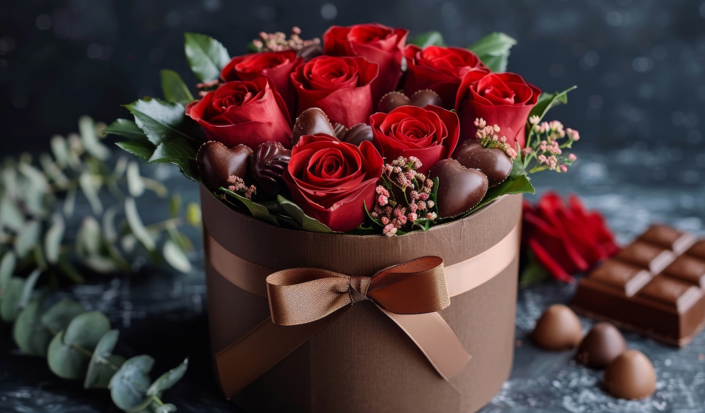 Красные розы в коробке с конфетами