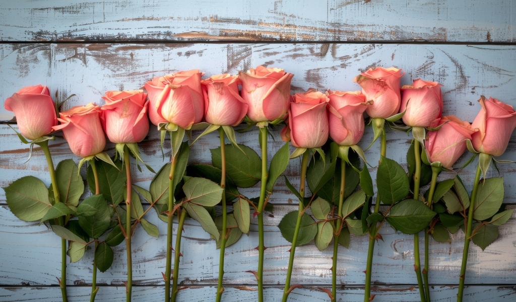 Ряд из розовых роз на деревянном столе