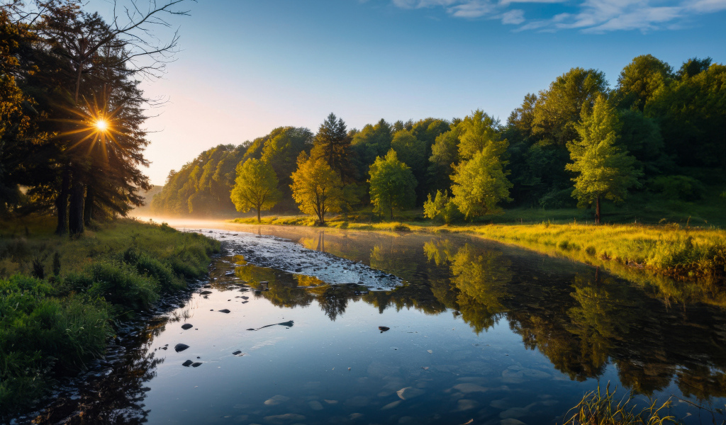 Рассвет над тихой рекой летом