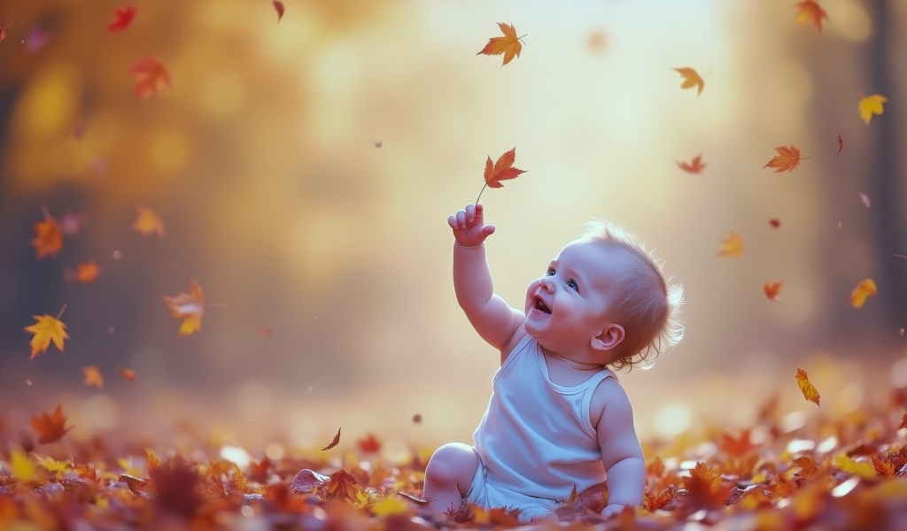 Маленький ребенок сидит на земле с опавшими листьями