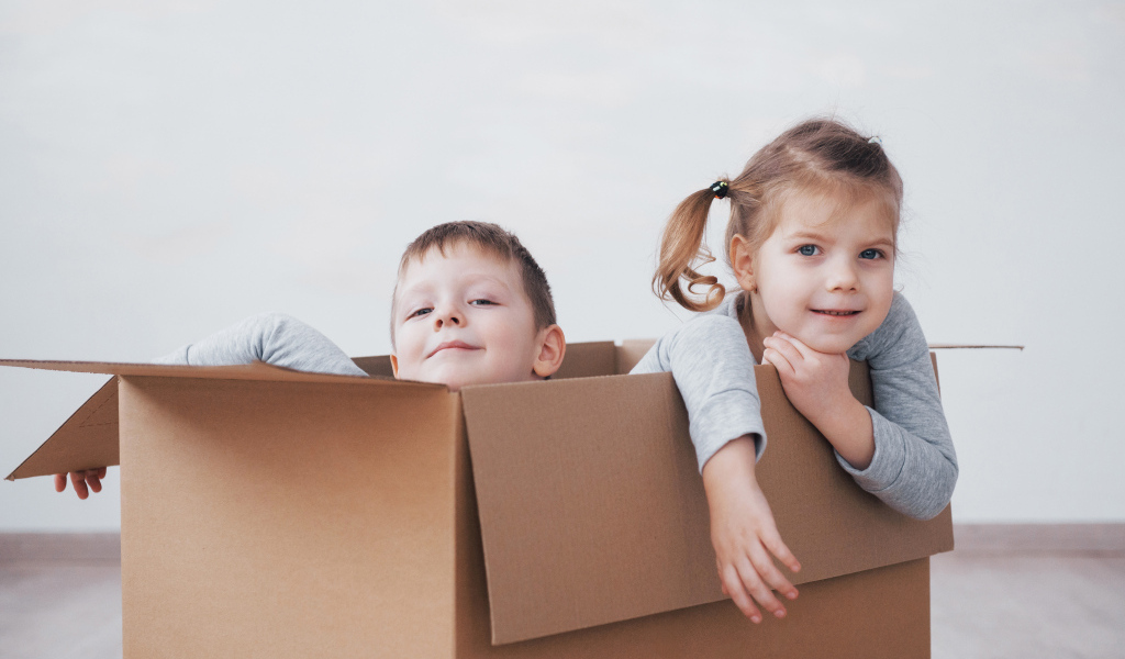 Брат и сестра сидят в картонной коробке
