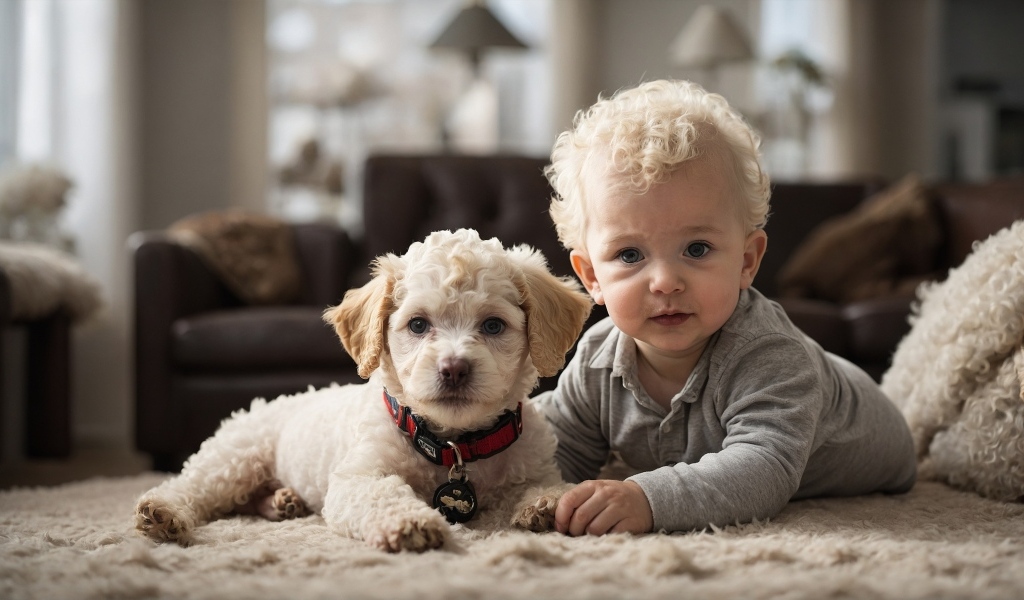 Маленький кудрявый мальчик с щенком