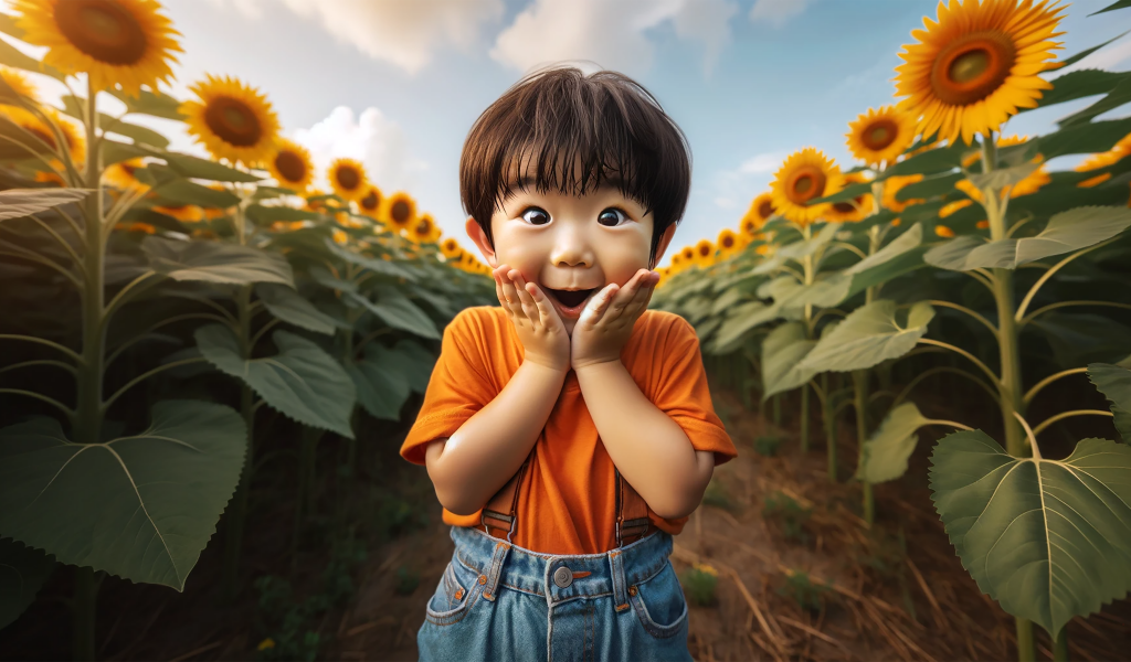 Удивленный азиатский ребенок на поле с подсолнухами