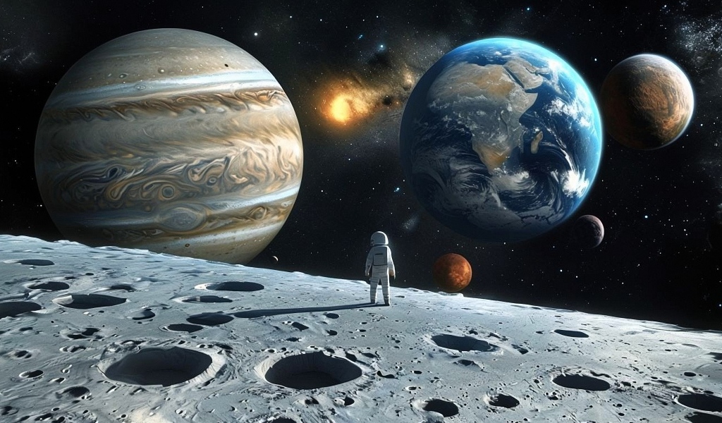 Астронавт в космосе смотрит на планеты