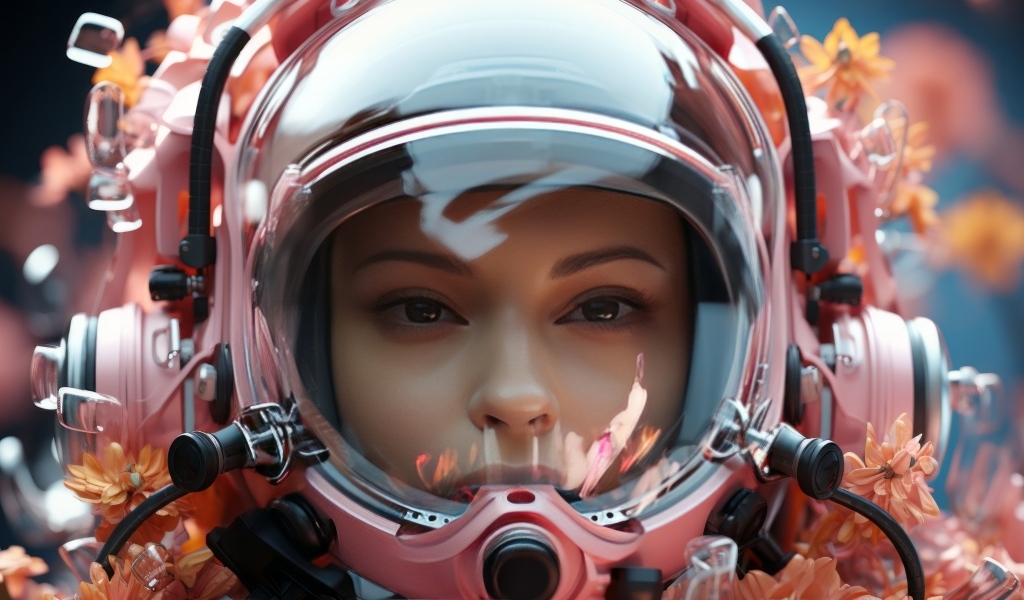 Девушка астронавт в розовом шлеме с цветами