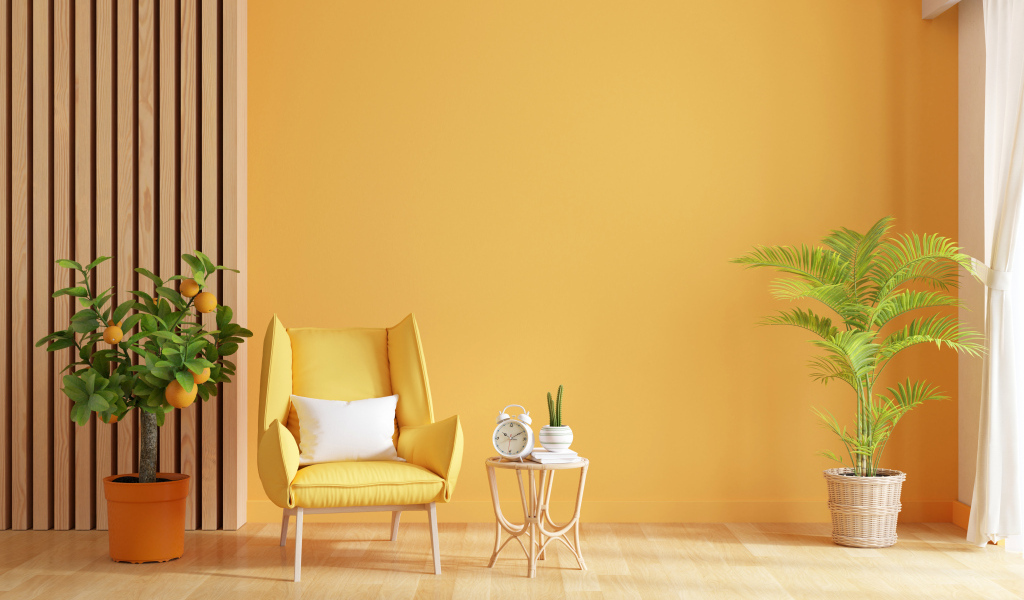 Комната с желтыми стенами и комнатными цветами