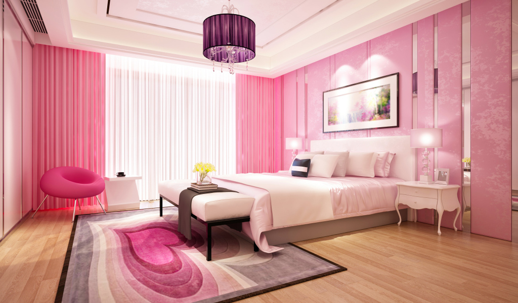 Спальня в розовом цвете с большой кроватью