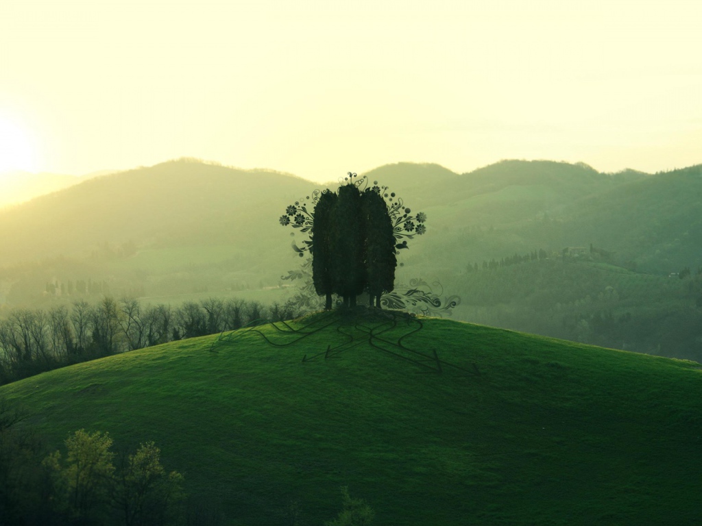 Дерево на зеленом холме