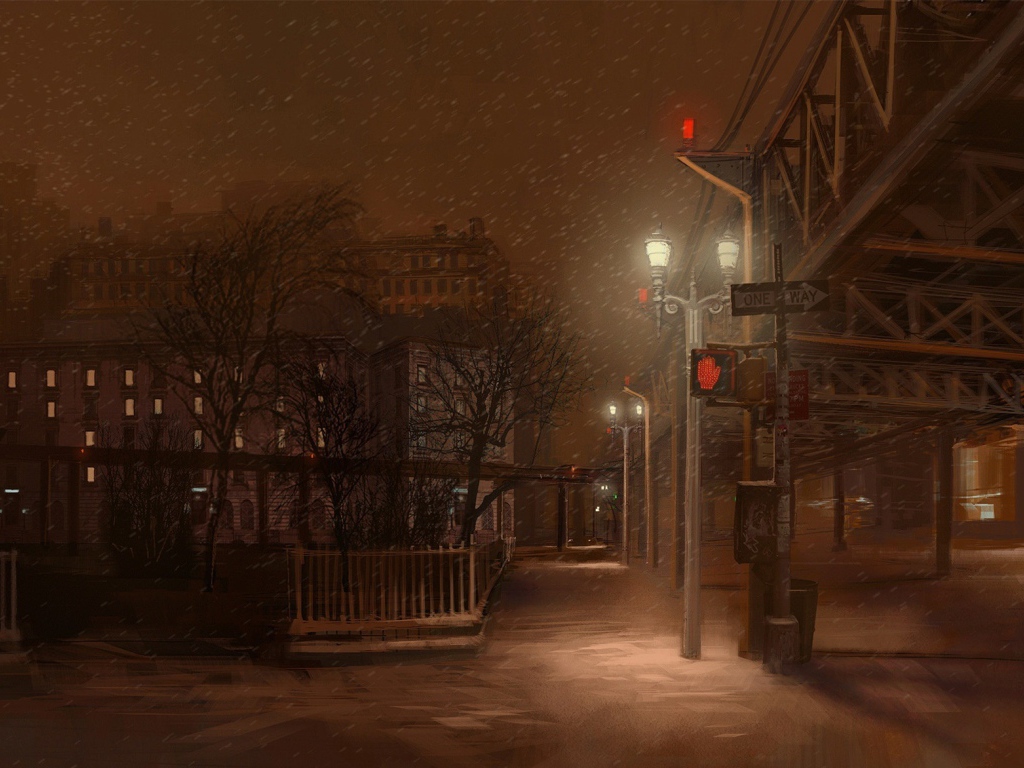 Мелкий снег на ночной улице