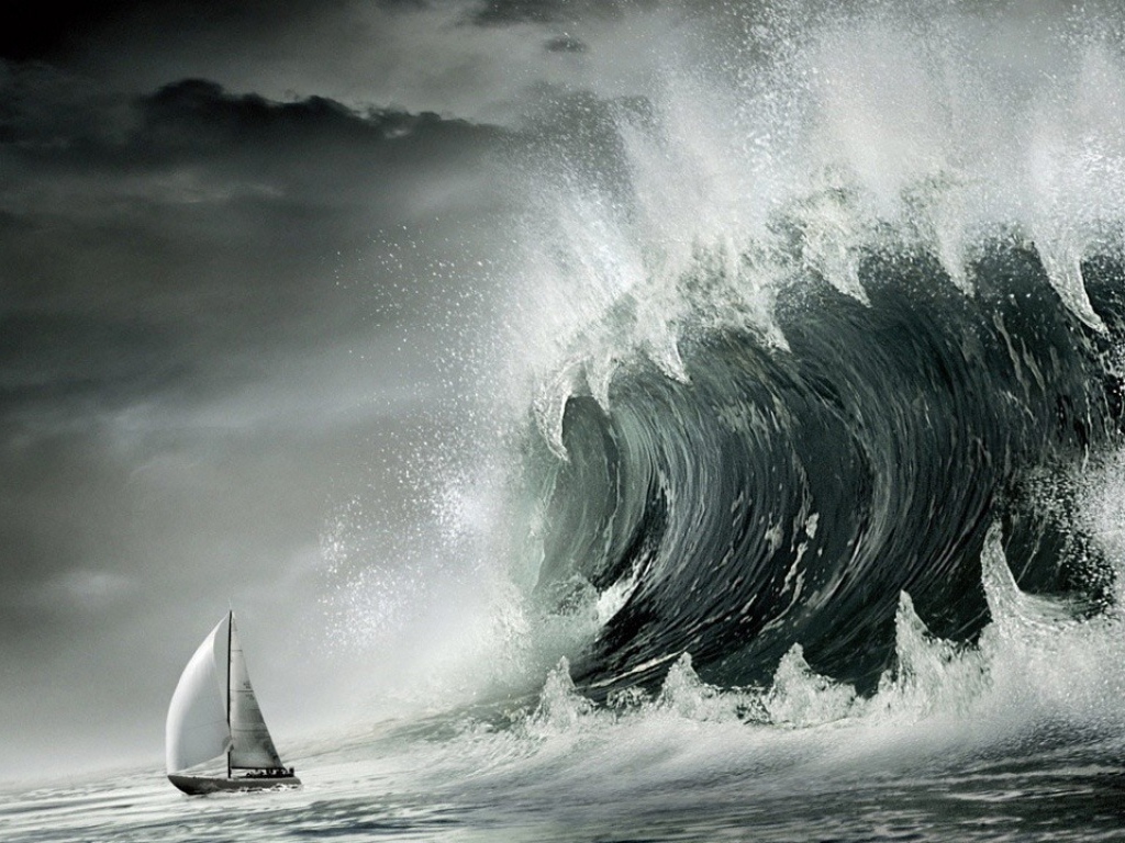 Корабль и волна цунами