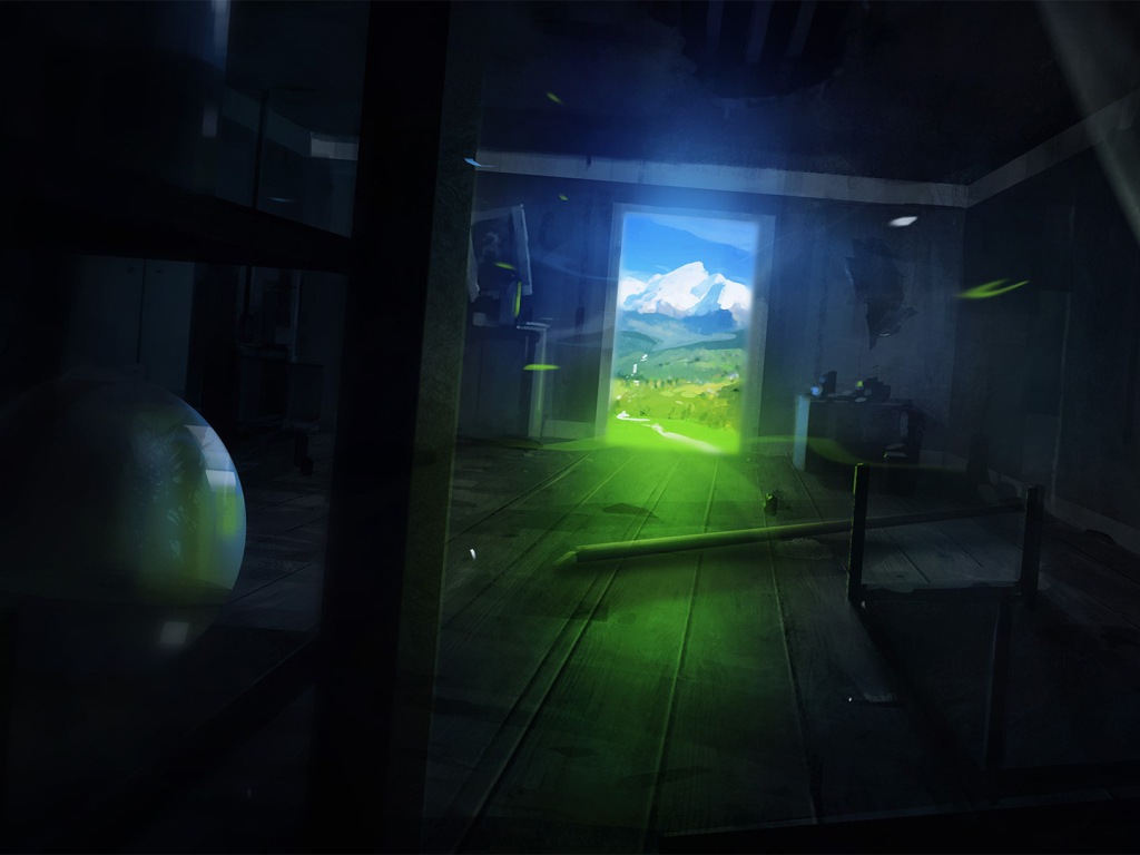 Темная комната с видом на горы