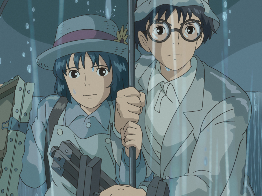 Аниме мультфильм Миядзаки Ветер крепчает, герои под дождём