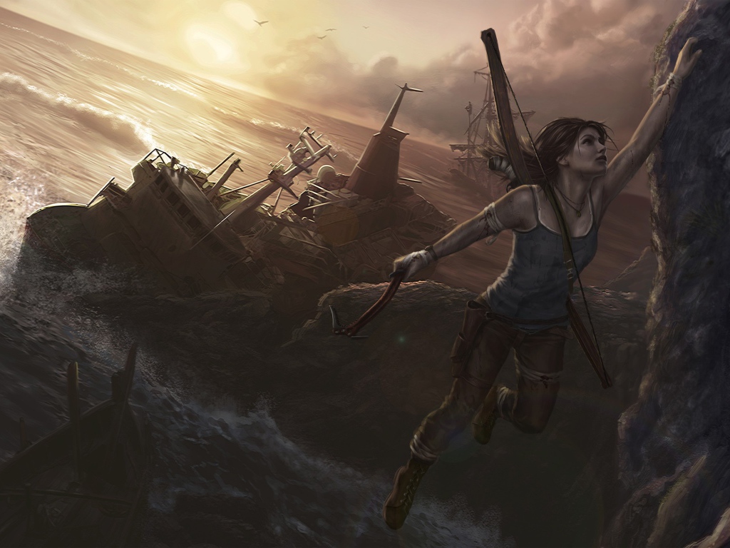 Девушка с луком висит на скале