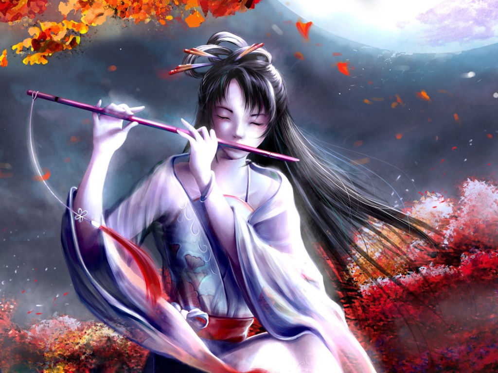 Японка играет на флейте