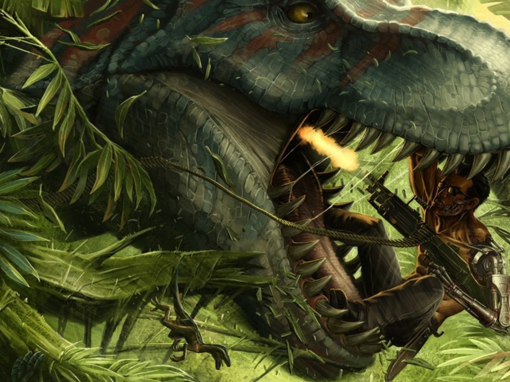 Киборг убивает динозавра