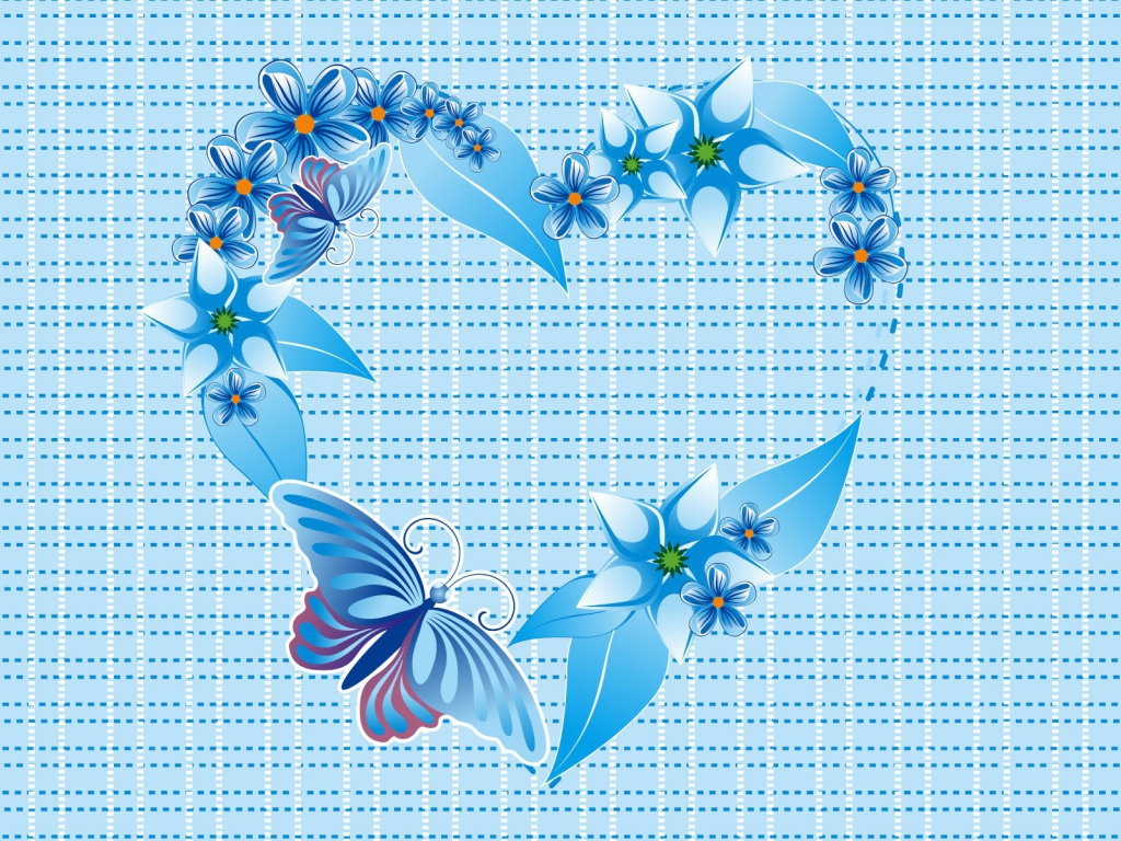 Синее сердечко из бабочек и цветов
