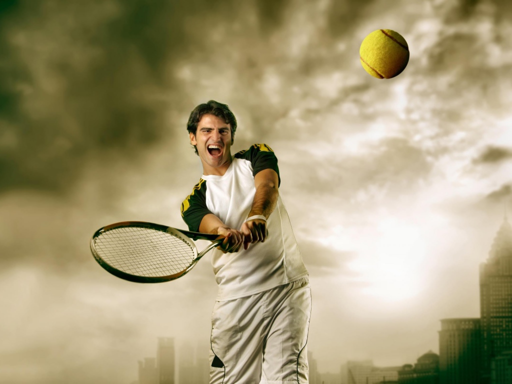 Теннисист отбивает мяч