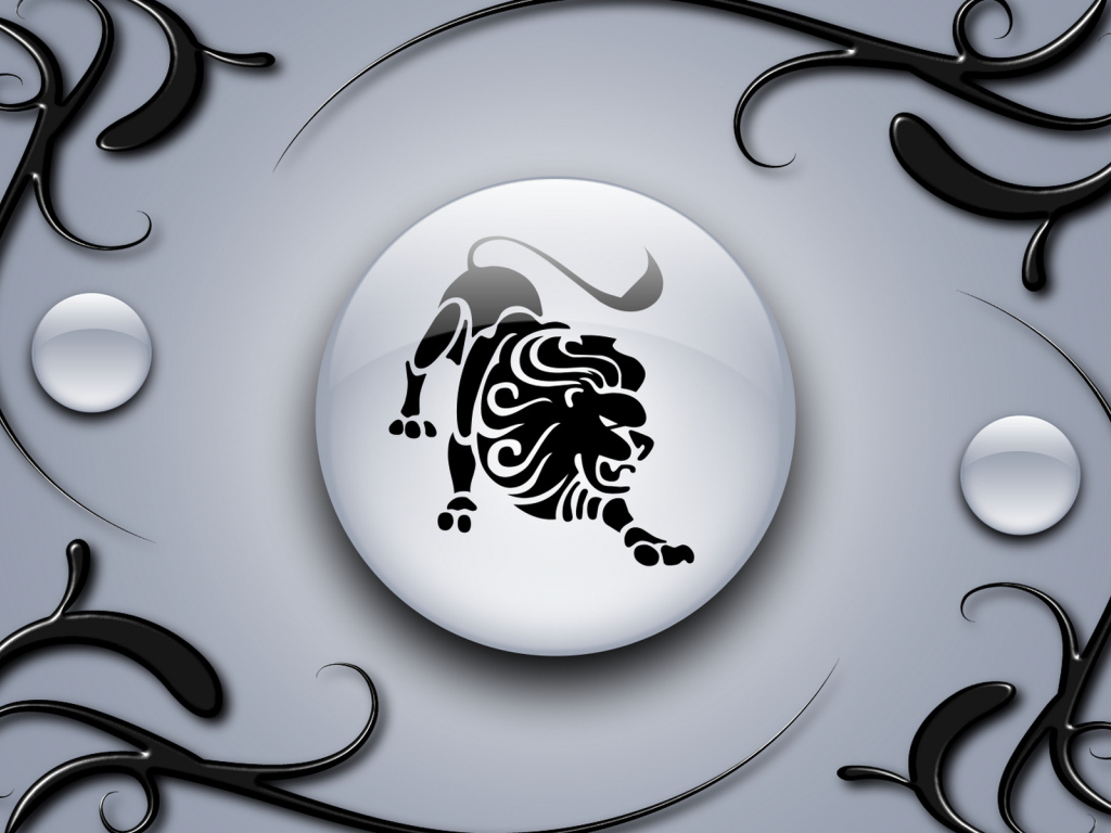 Знак лев на сером фоне с чёрным орнаментом