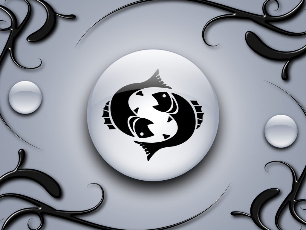 Знак рыбы на сером фоне с чёрным орнаментом 