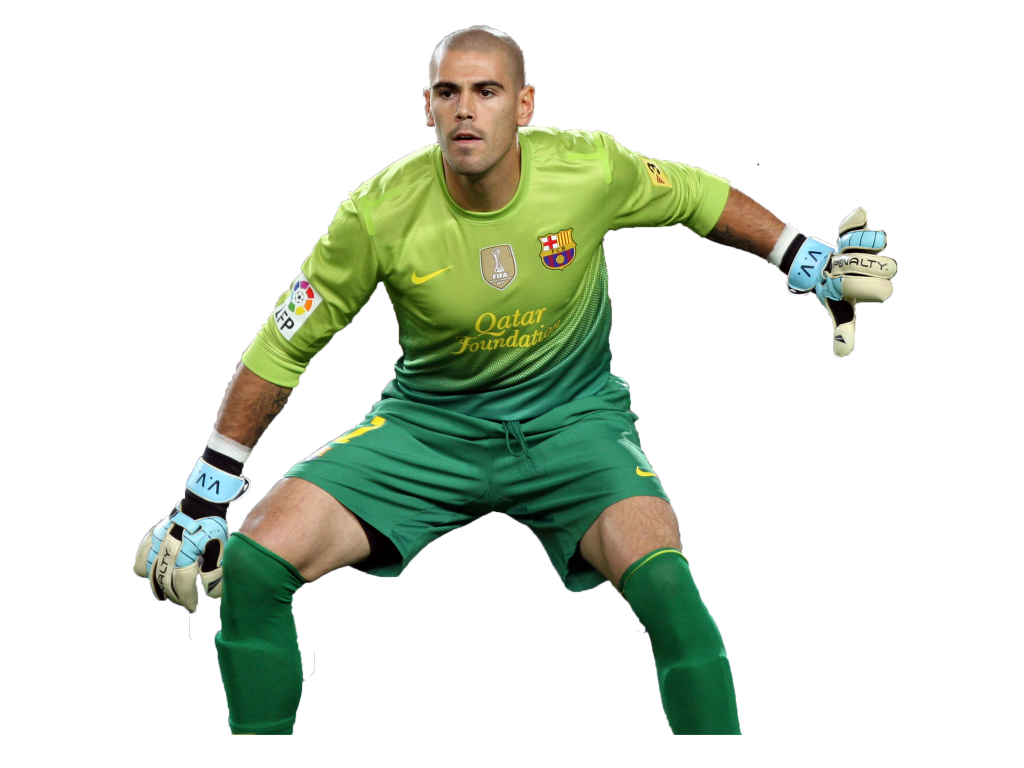 Игрок Барселоны Виктор Вальдес на белом фоне