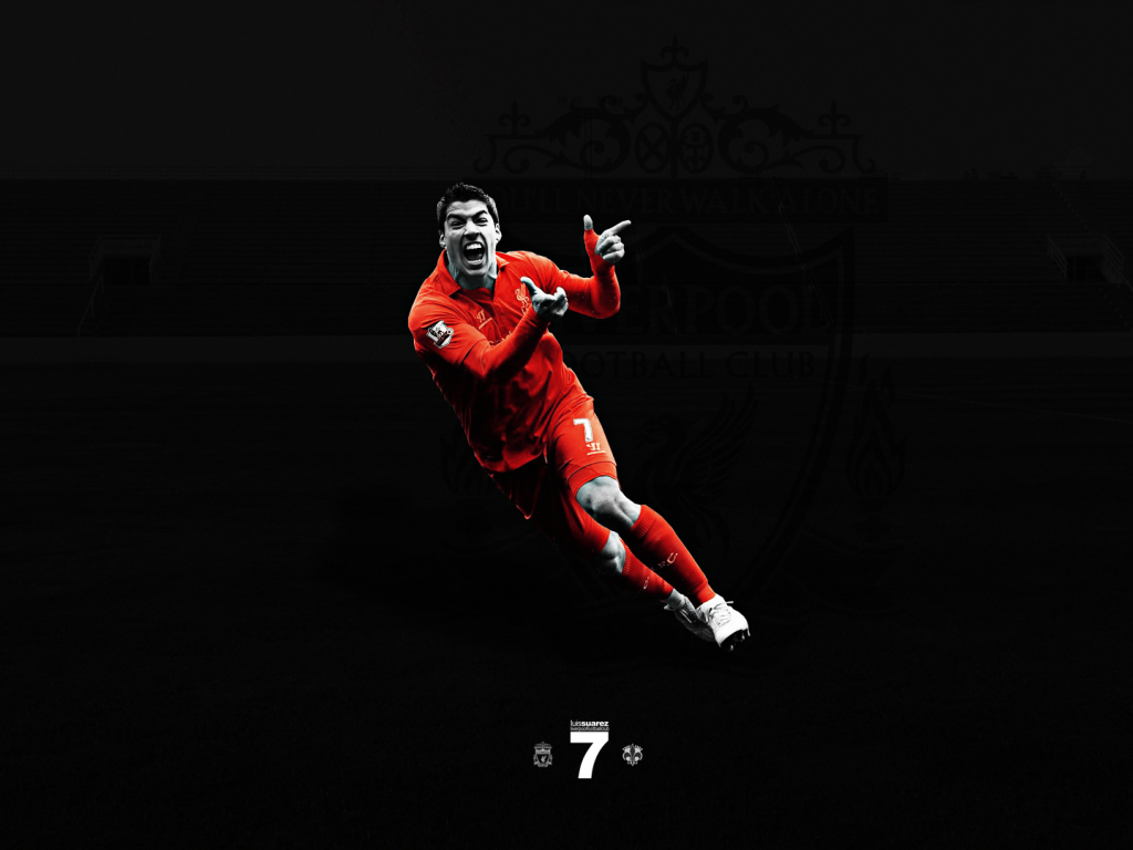 Игрок Ливерпуля Луис Суарес на черном фоне