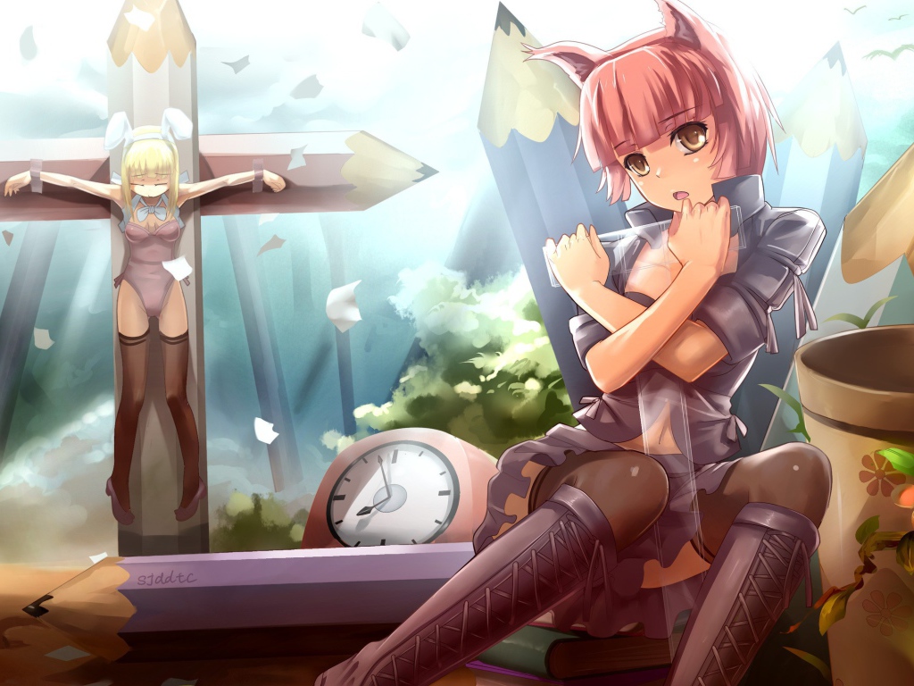 Девочка на кресте из карандашей