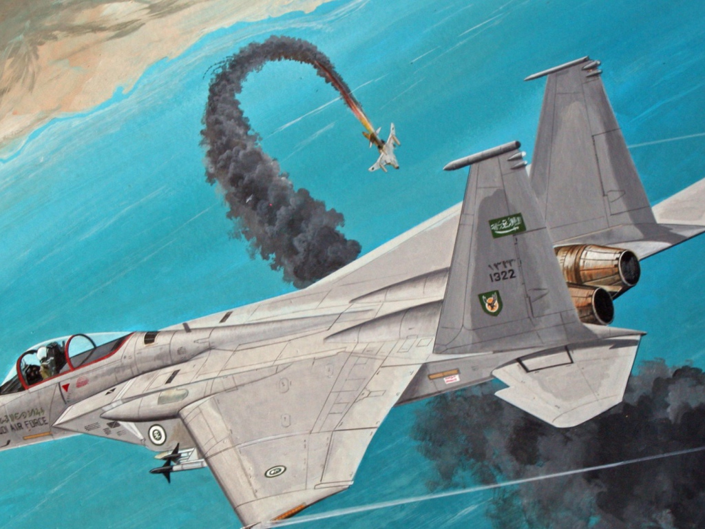 Подбитый самолет падает в море