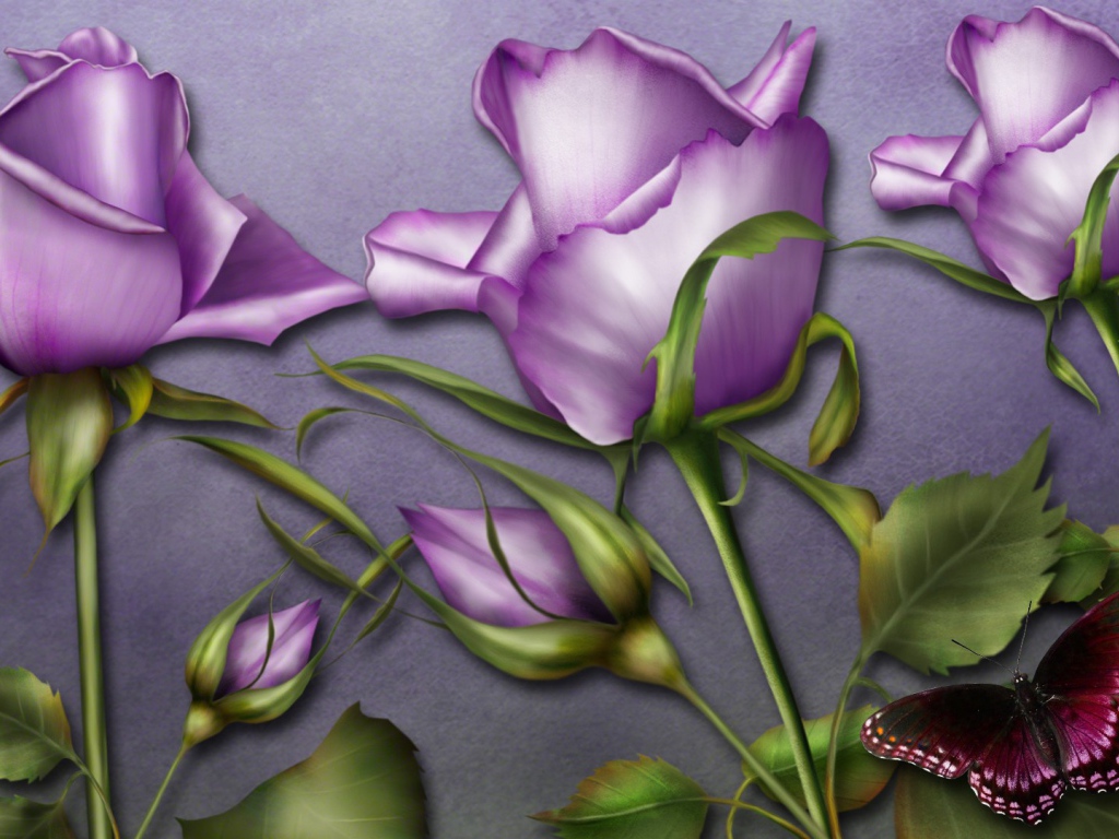 Фиолетовые розы и бабочка