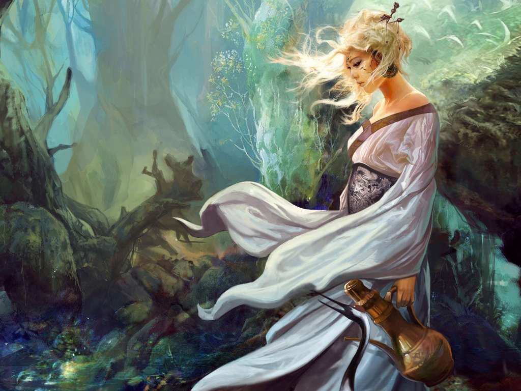 Девушка в белом платье с кувшином