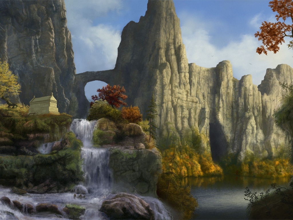 Горный пейзаж с водопадом