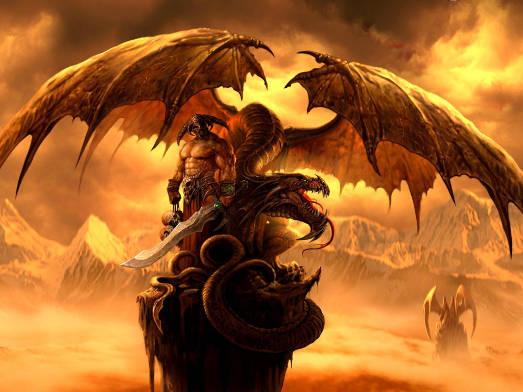 Монстр с мечом и дракон