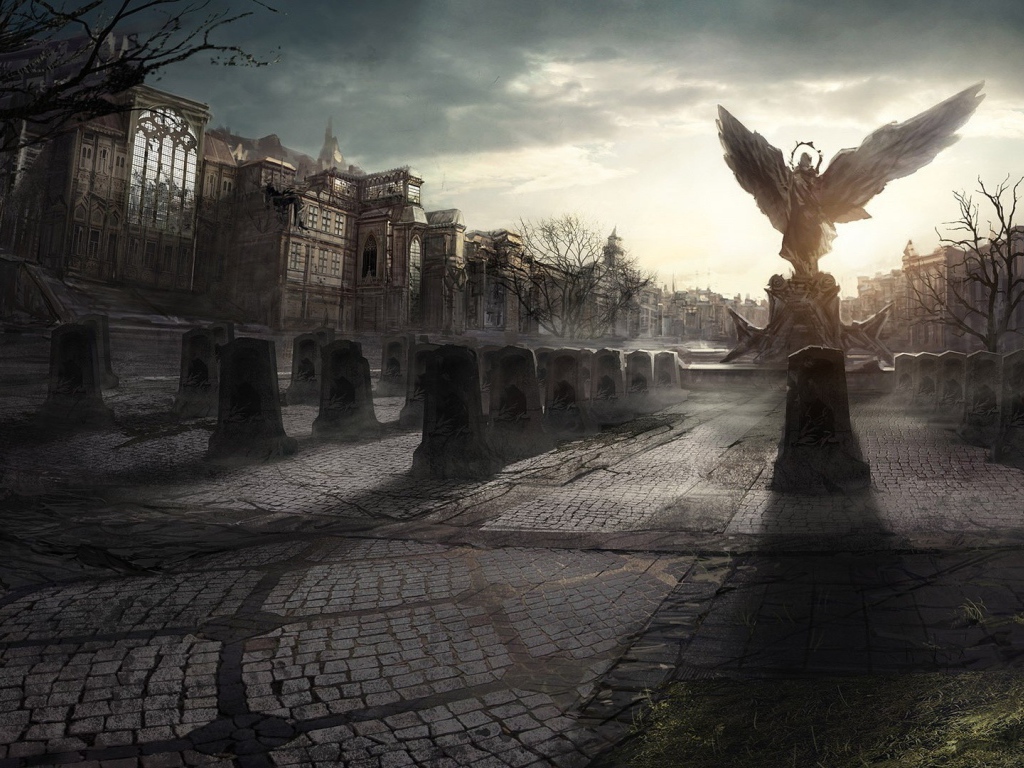 Статуя ангела в разрушенном городе