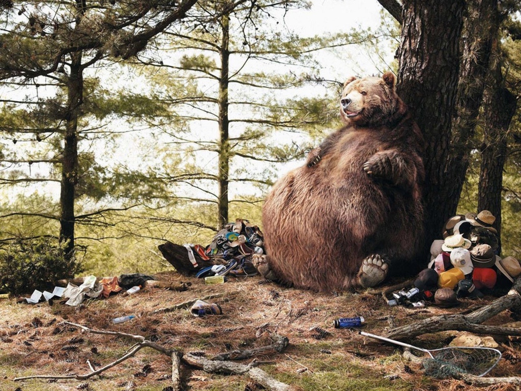 Толстый медведь сидит у дерева