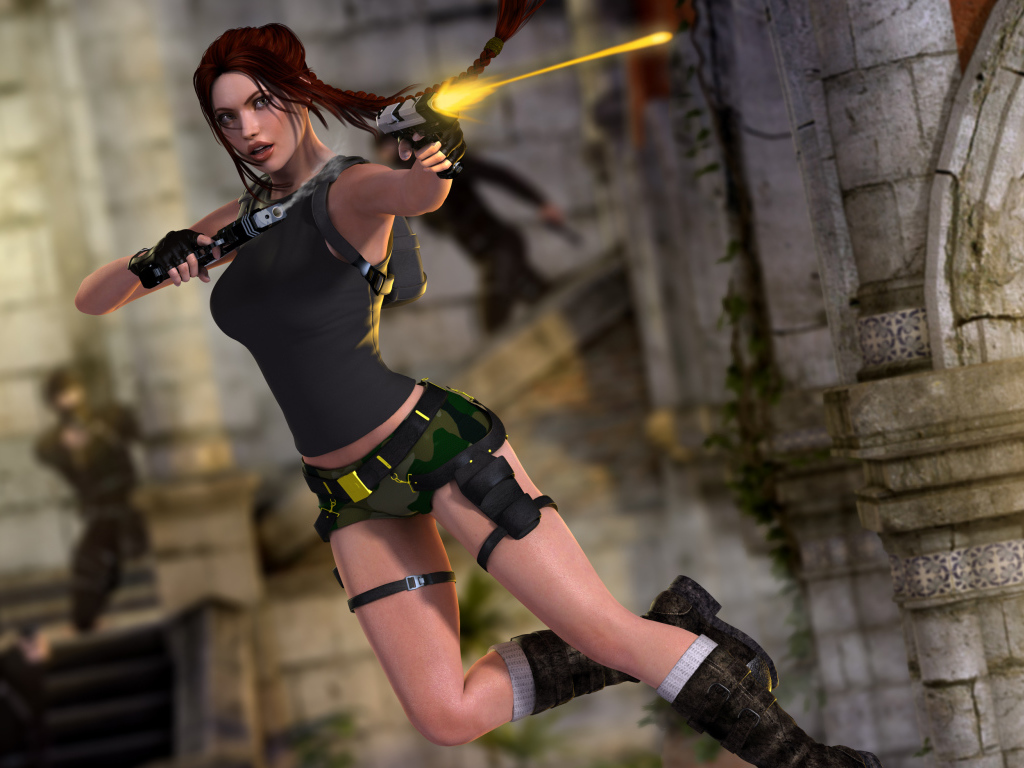 Лара стреляет в прыжке