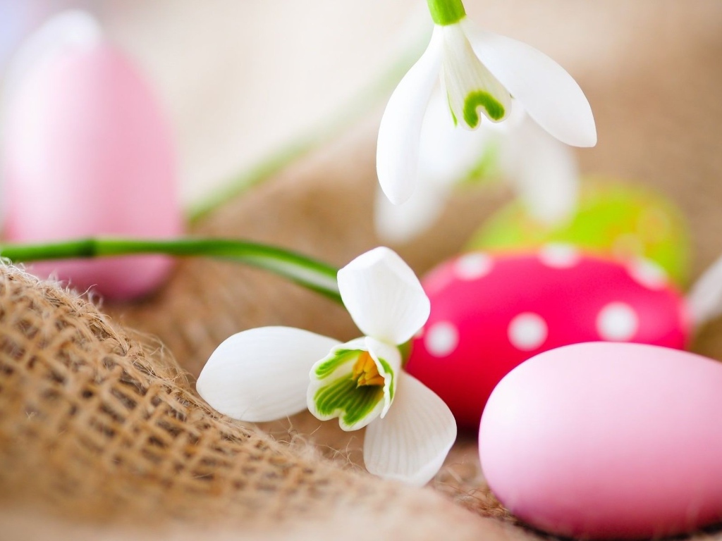 Белые цветы и яйца на Пасху