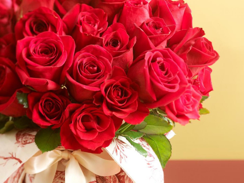 Букет красных роз на 8 марта на пастельном фоне