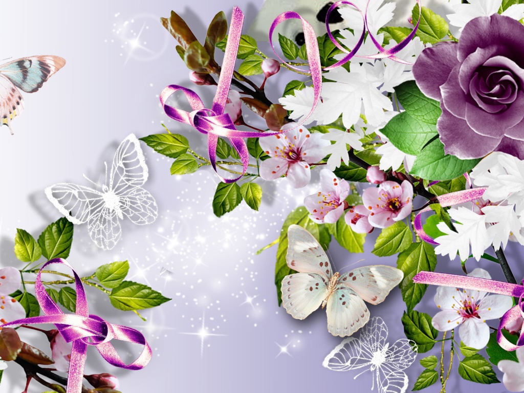 Фиолетовая роза и бабочки, картинка на восьмое марта
