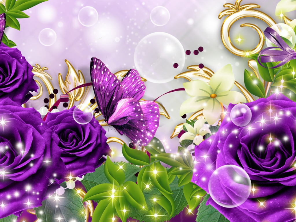 Фиолетовые розы и бабочка, картинка на восьмое марта