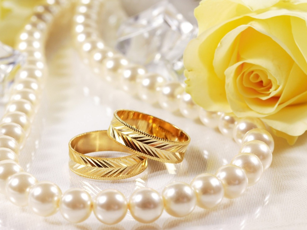 Свадебные кольца и жёлтая роза