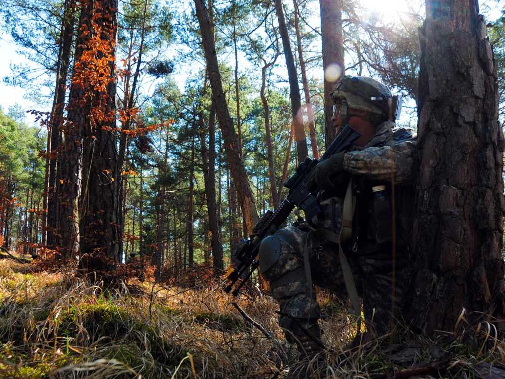 Солдат прячется за деревом