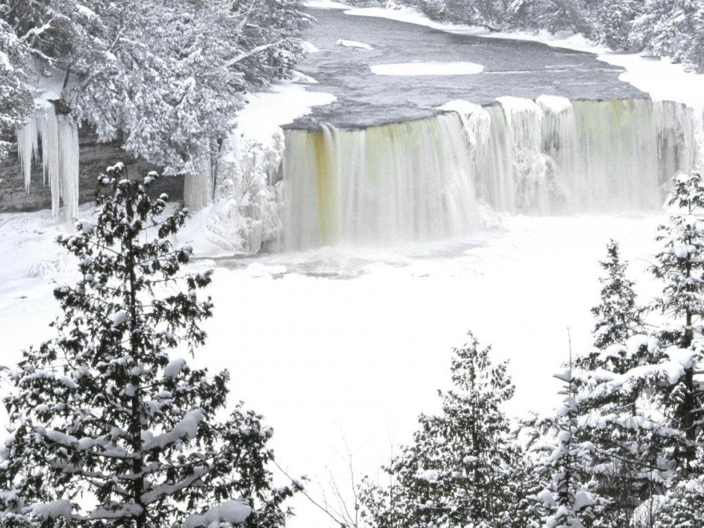 Замерзший водопад среди деревьев