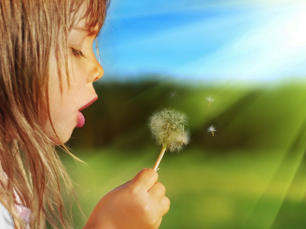 Девочка дует на одуванчик