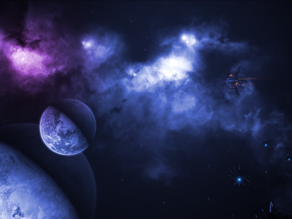 Космические корабли летят у планеты