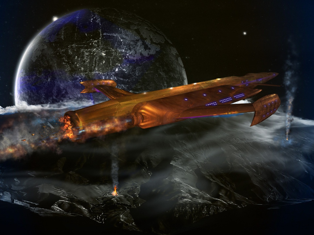 Космический корабль пролетает над планетой