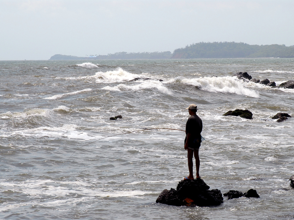 Мужчина ловит рыбу в Гоа