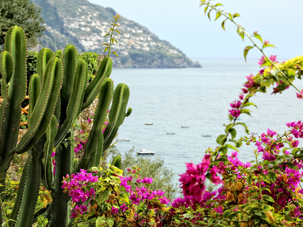 Вид со склона горы на залив на курорте Позитано, Италия