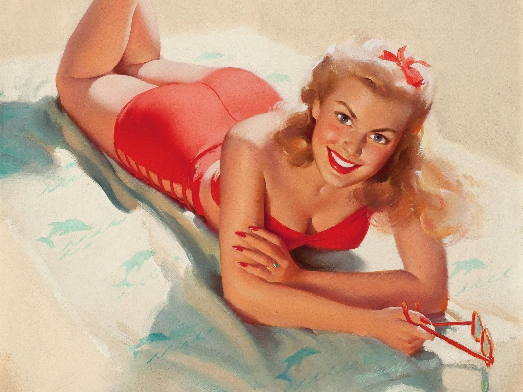 Девушка в красном купальнике, ретро