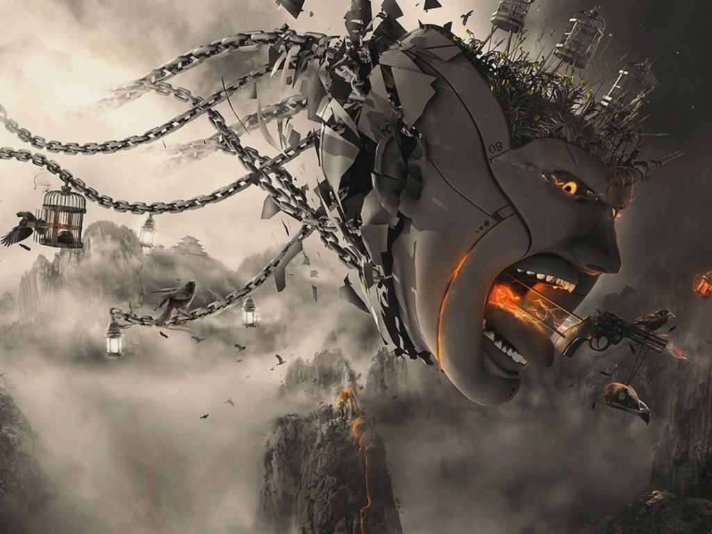 Летающая голова с цепями, 3-Д графика