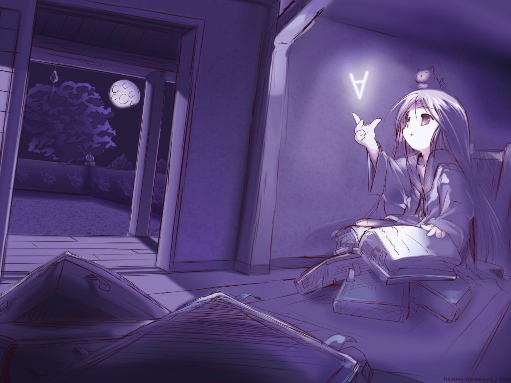 Девочка аниме ловит букву из книги