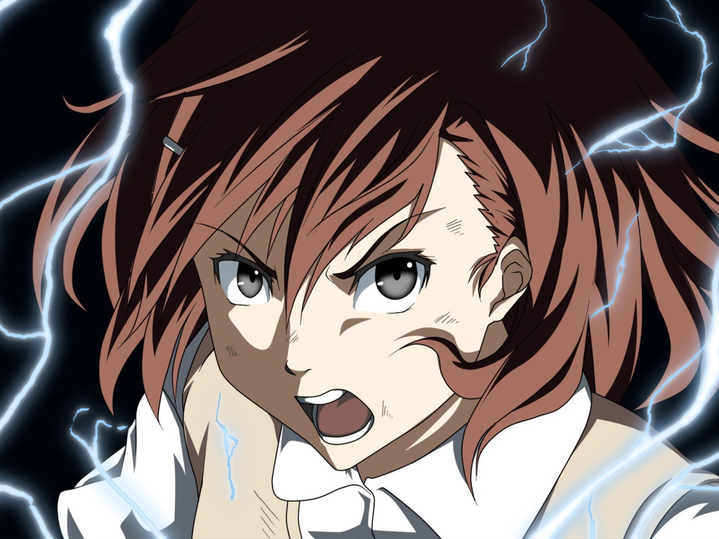 Персонаж аниме Некий научный Рейлган в окружении молний